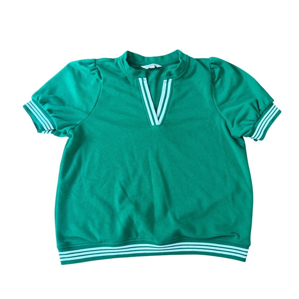 Crown & Ivy Top Women Green Striped Trim Puff Sleeve SIZE Large